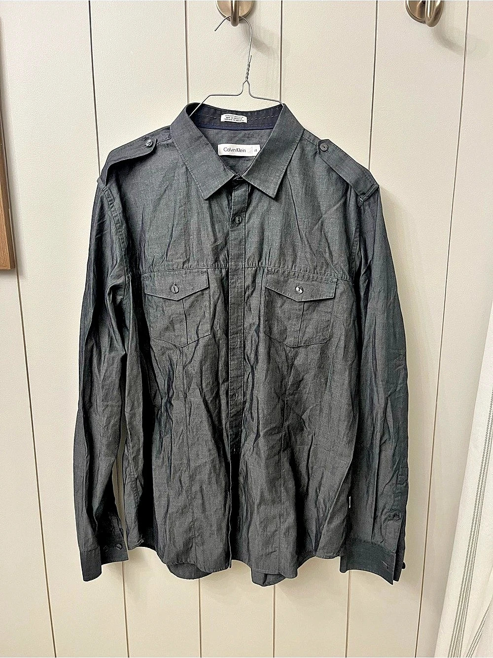 Calvin Klein Cotton Button Down Shirt Gray Size Large